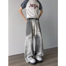 2025新款蛇纹脏染水洗牛仔裤男美式小众高街嘻哈宽松直筒阔腿裤子，男装牛仔裤，星座506