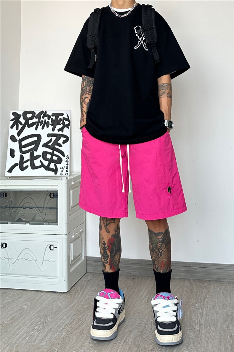 2023夏季多巴胺宽松短裤刺绣小标沙滩裤B315-K23352-特p20控38,男装休闲裤,电商B315