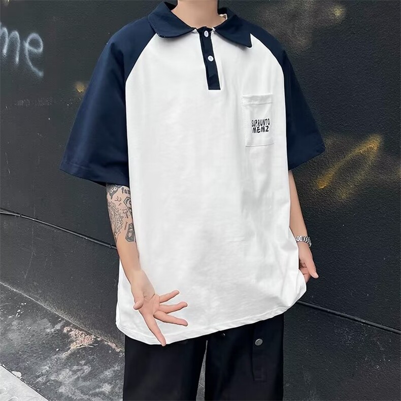 撞色polo衫短袖男美式复古重磅t恤夏季新款ins潮牌高街五分袖,男装T恤,星座716-2