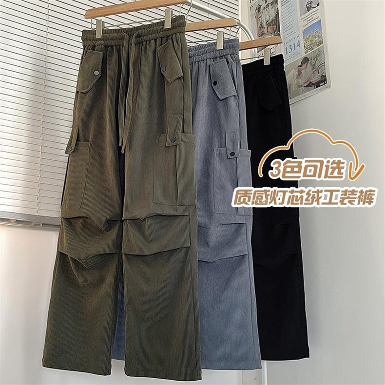 秋新设计感灯芯绒口袋工装裤男港风垂感宽松大码直筒裤K1167-P50图片