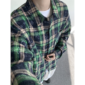 衬衫男春季新款港风宽松大码格子扎染长袖衬衣CS507-P35图片