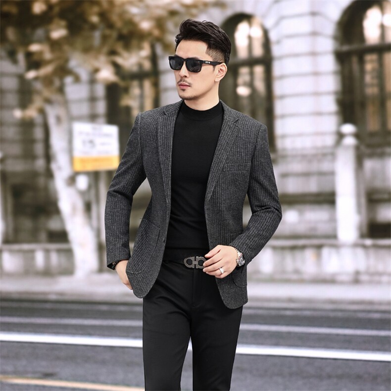 秋冬新款毛呢西装加厚人字尼条纹西服外套6102P180268,男装西服套装,电商D225-1