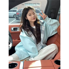 【有货】DGXA1165-批60美式复古格子拼接连帽卫衣女秋冬重磅外套，女装短外套，星座603-2