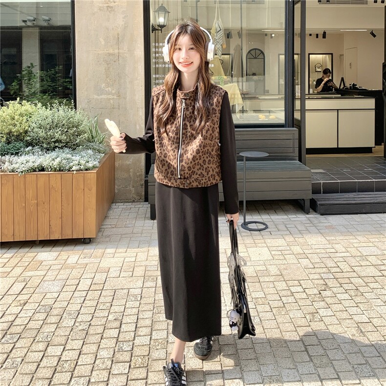 新款秋季时尚豹纹马甲+连衣裙套装2c307-8890p175k248,女装套装/套裙,2C307