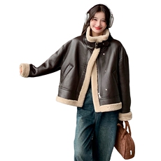 皮毛一体皮衣机车服女2024冬季新款港风复古流行小个子羊羔毛外套，女装短外套，2C085