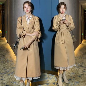 ByYou 2025春季新款高级感中长款卡其色风衣外套女英伦风休闲大衣图片