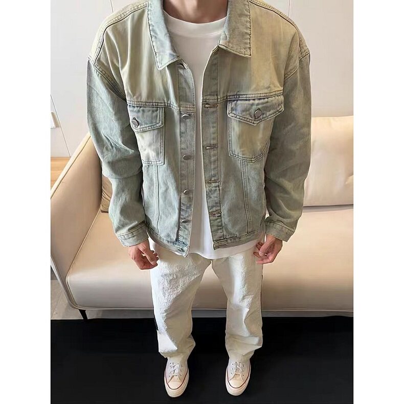 美式小众水洗做旧短款牛仔外套男2025拼接宽松夹克套装J94,男装休闲套装,星座1116A（原606A-3）