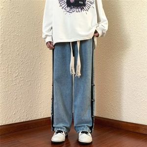 复古拼接牛仔裤男士美式潮牌宽松直筒裤高街帅气阔腿裤80233-p48图片