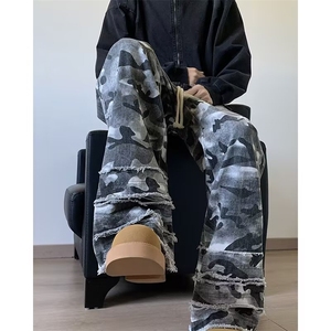 复古迷彩脏染伞兵破坏裤脚休闲裤男女堆叠嘻哈伐木长裤N7012/P54图片