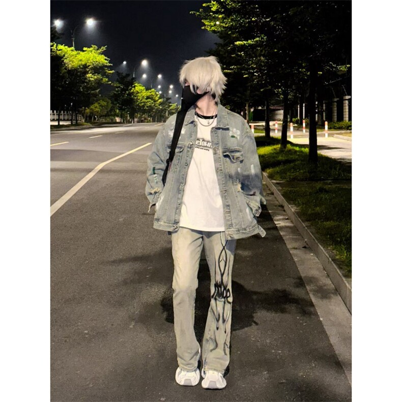 【有货】美式高街泼墨涂鸦破洞牛仔外套男款工装夹克J61HH-特P72,男装夹克,星座1007（原301D）