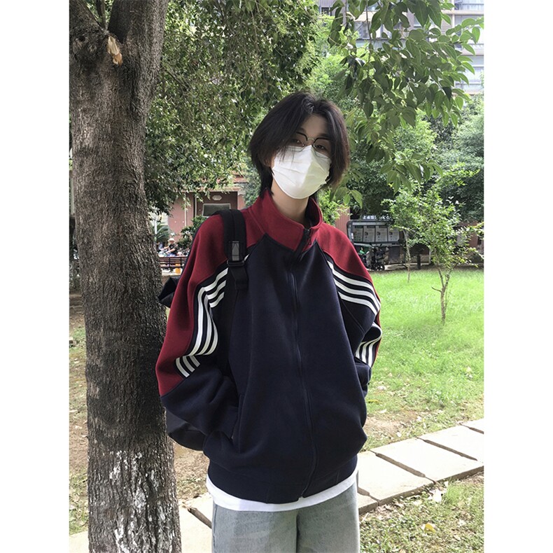 抖音得物高品质26春装美式高街重磅织带拼接撞色立领卫衣外套CM41,女装短外套,电商A486