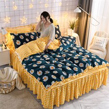 2020新款水晶绒法莱绒牛奶绒简约款床裙款四件套小秋菊蓝-床裙款，床品套件水晶绒，睡美人