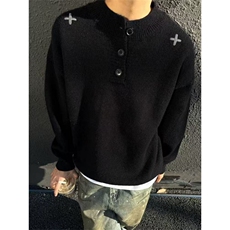 复古亨利领针织男纽扣毛衣慵懒风十字架刺绣上衣情侣款CX527P50，男装针织衫/毛衣，电商D256-3(原A064-3)