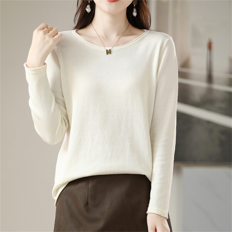 2025年秋季新款纯色针织卷边领上衣时尚休闲通勤百搭，女装针织衫/毛衣，阁惠羊绒