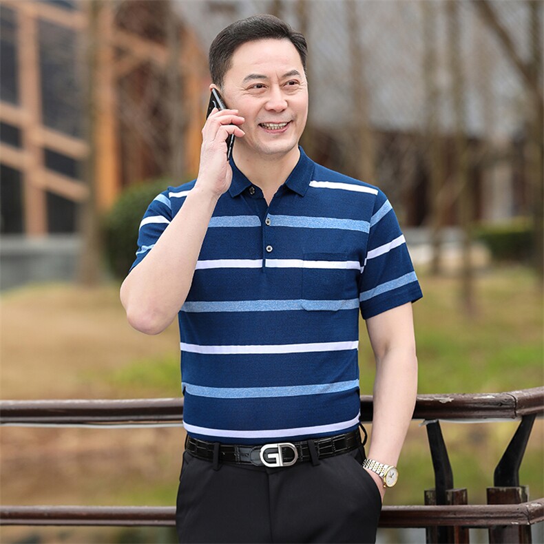 2025新款夏季爸爸装真口袋短袖t恤中老年男装翻领休闲冰丝POLO衫,男装Polo衫,星座1109