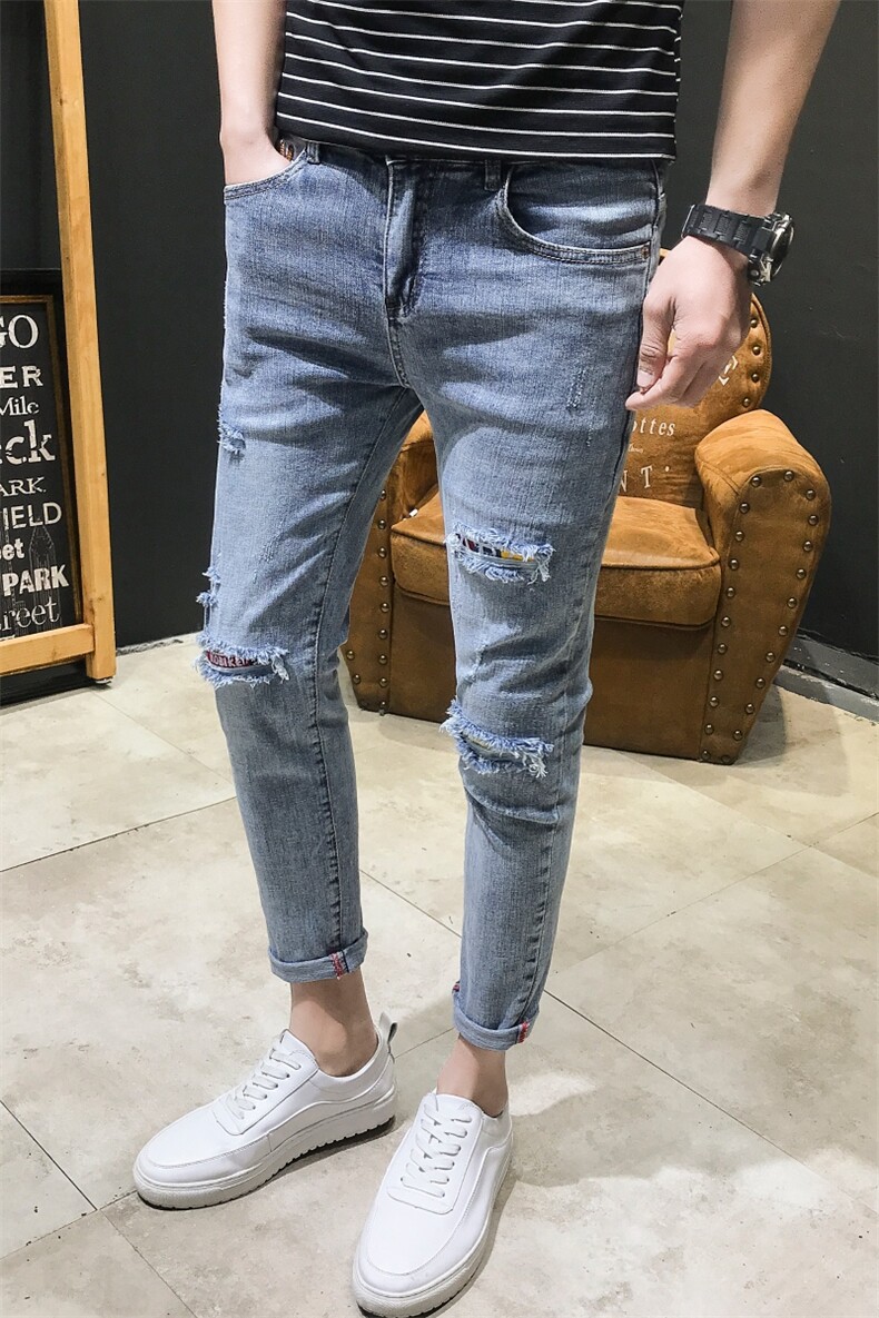 2021春夏新款弹力牛仔裤男破洞潮流修身小脚裤QT6027-M369,男装牛仔裤,电商D218