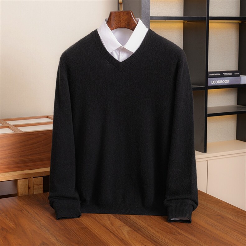 秋冬季新款舒适时尚百搭12针小V领男士衫，男装羊绒套衫，伊绒腾羊绒