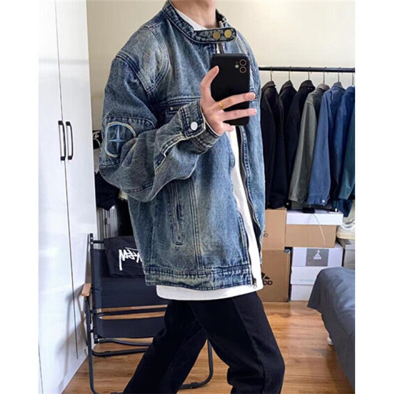 复古做旧水洗质感宽松牛仔外套男立领拉链刺绣机车夹克男J3349,男装夹克,星座1116A（原606A-3）