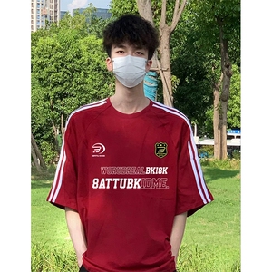 抖音得物高品质二开240克宽松纯棉美式潮牌三条杠织带短袖T恤图片