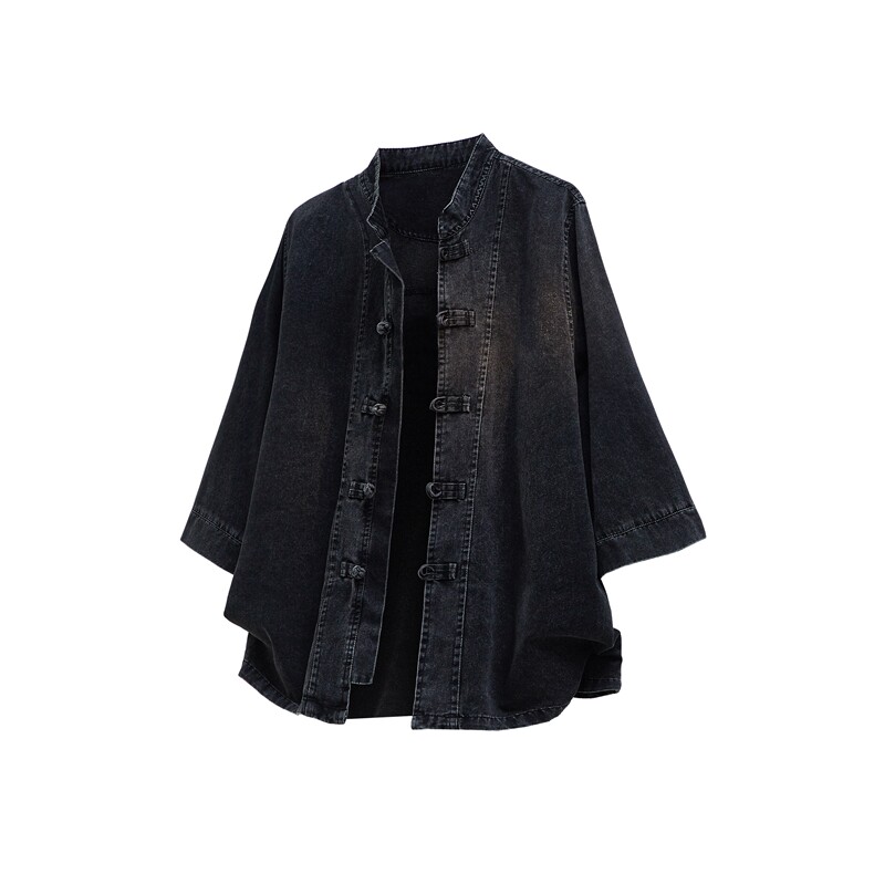夏季牛仔七分袖衬衫盘扣立领上衣宽松大码男休闲CS2504-P7088,男装衬衫,电商A008