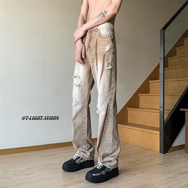 B221美式ins高街小众情侣款破洞微喇牛仔裤LK23001-P65控88,男装牛仔裤,电商B221