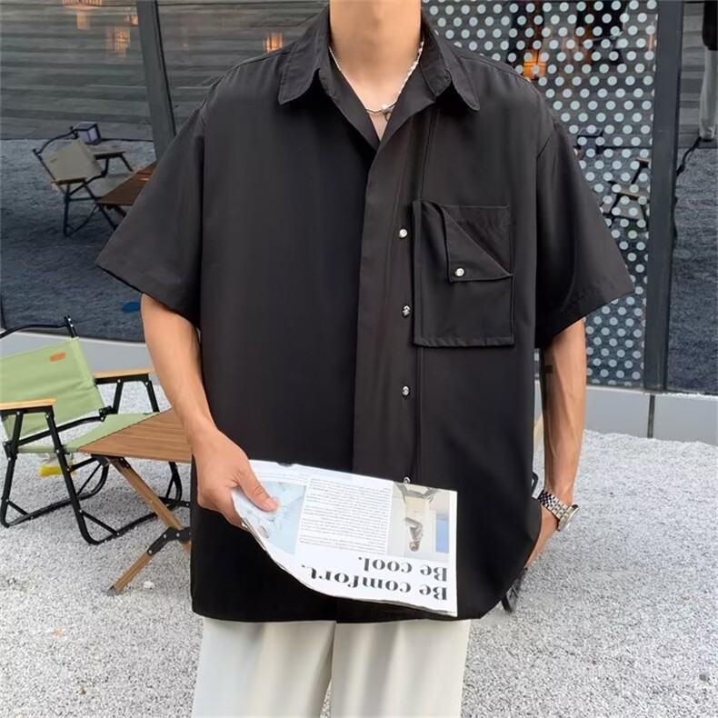 高街立体口袋短袖衬衫夏季个性开衫帅气纯色简约衬衣C681-P38,男装衬衫,星座1109-3