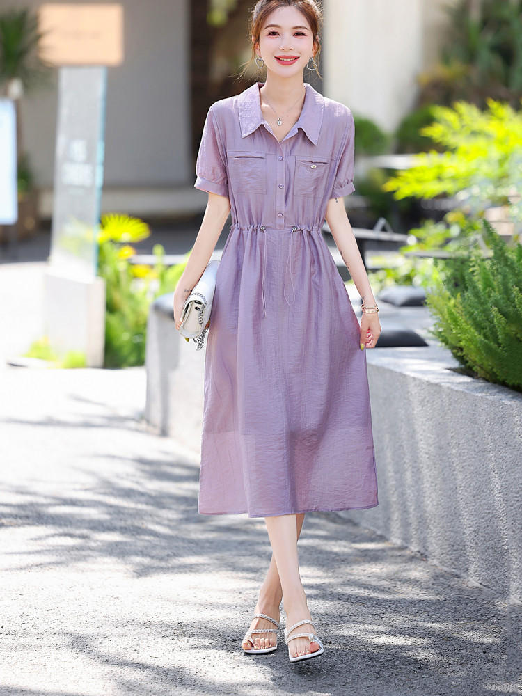 莱赛尔天丝连衣裙女2025新款夏季中长款高级感收腰减龄衬衫a字裙,女装连衣裙,梦芯尔