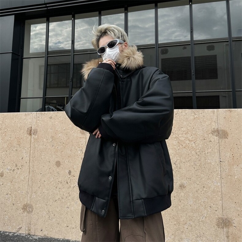 冬季复古百搭保暖可脱卸毛领重磅PU皮棉衣厚外套男PY550,男装棉衣,星座1116A-1（原606A）