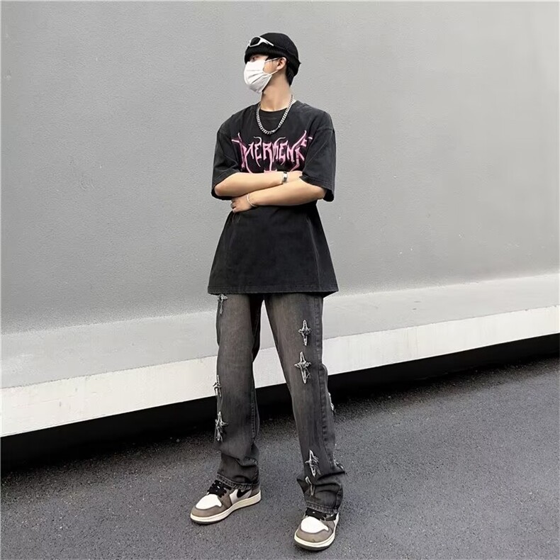 美式vibe裤子高街水洗牛仔裤男设计感小众拉链裤T1627P45,男装牛仔裤,星座1116-2