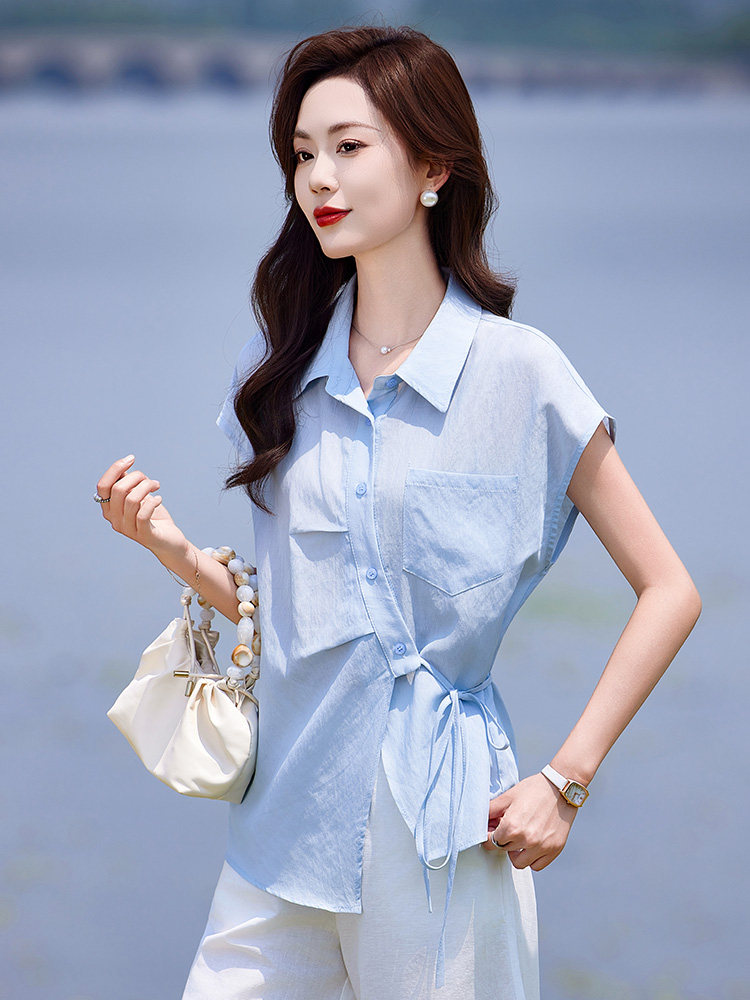时尚休闲女夏季薄款2025新款高级感减龄短袖衬衫阔腿裤,女装衬衫,靓衣阁