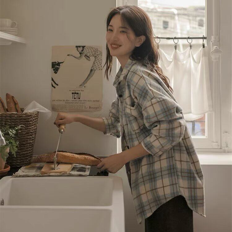 潮流尖领流行常规长袖常规款日系格子衬衫女上衣早秋2025春秋休闲,女装衬衫,星座506A