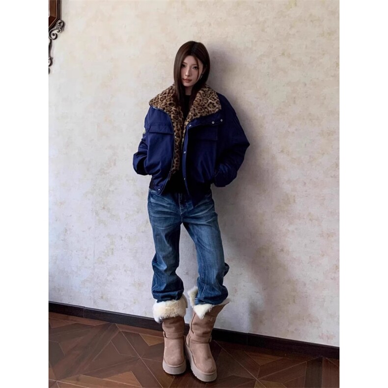 美式潮牌座山雕豹纹毛领短款棉服廓形宽松保暖加厚工装短外套男女,男装棉衣,星座1210-1