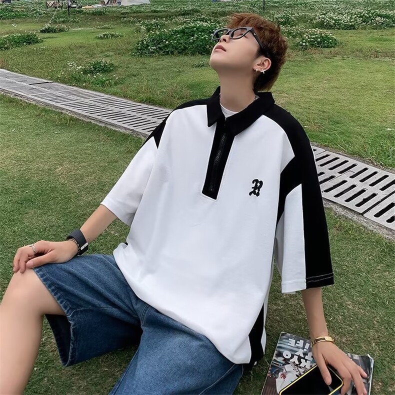 polo衫短袖男日系复古半袖t恤潮牌美式短袖上衣1001-1-PT35-P35，男装Polo衫，星座1001-1