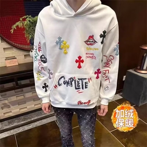 秋冬彩色十字架刺绣皮标连帽衫潮个性街头加绒套头卫衣男JA197图片
