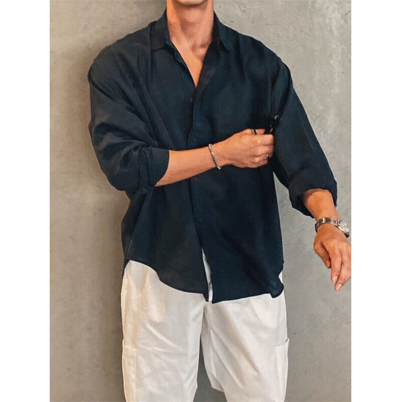 夏季韩版ins透气棉麻衬衫男薄款长袖休闲宽松高级感麻衬衣932P45,男装衬衫,星座710