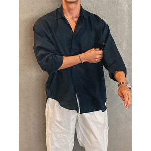 夏季韩版ins透气棉麻衬衫男薄款长袖休闲宽松高级感麻衬衣932P45图片