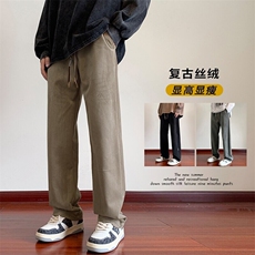2025新款休闲丝绒雕花面料直筒阔腿裤设计感拖地长裤男K1131-P48，男装休闲裤，电商A001