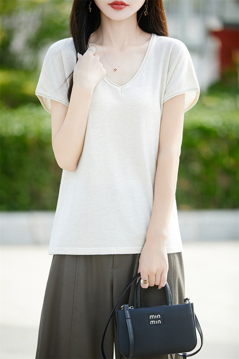 V领小飞袖针织衫女T恤薄款透气2025新款夏精纺细毛上衣短袖t恤衫,针织衫/毛衣,羿纯羊绒