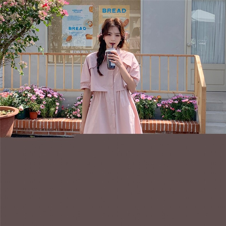 韩系甜美减龄粉色假两件短袖连衣裙女2025夏季新款宽松休闲衬衫裙,女装连衣裙,帛锦泉