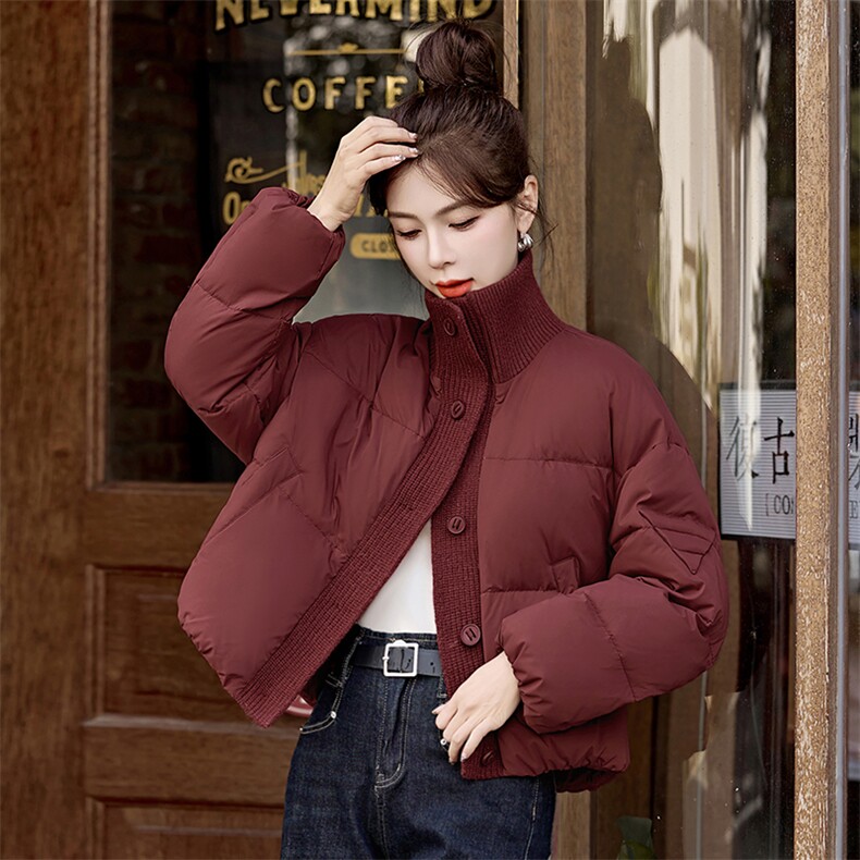 2024冬装新款现货羽绒服女装休闲纯色针织拼接宽松外套,女装羽绒服,韩宇舍