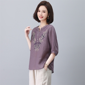 棉麻女夏2025年新款时尚大码中年妈妈苎麻衬衫洋气减龄图片