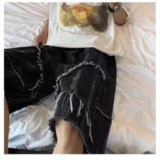 ins欧美高街暗黑扎染印花毛边牛仔短裤潮牌宽松直筒休闲五分裤男，男装牛仔裤，星座1013