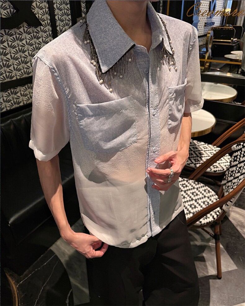 现货25设计渐变仿牛仔渐变流苏网纱串珠翻领短袖衬衫dx249-p88,男装衬衫,电商B288