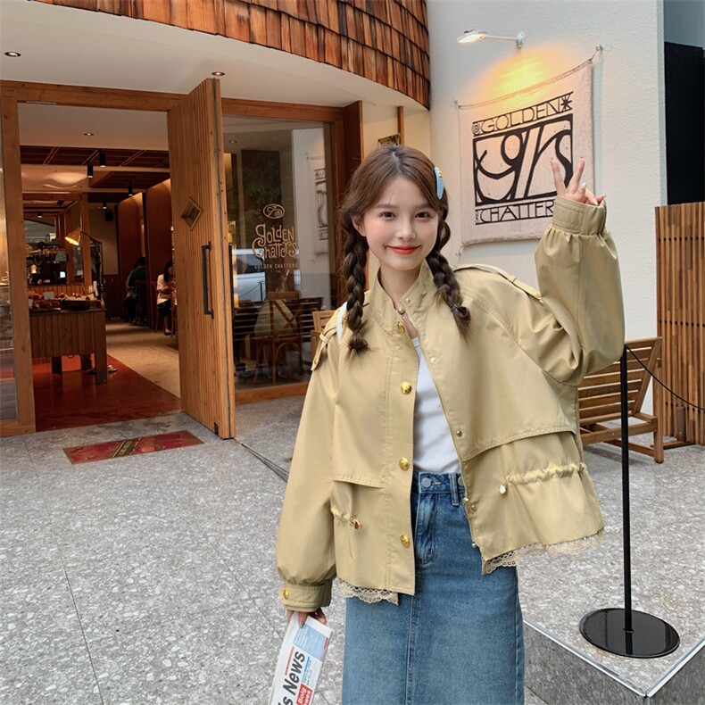 卡其色蕾丝拼接短外套女春秋2025新款小香风设计感时尚小个子风衣，女装短外套，帛香坊
