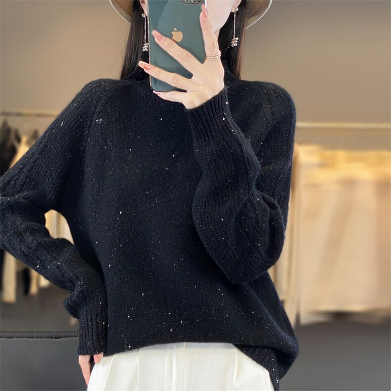秋冬100%纯羊毛衫女半高领提花加厚亮丝针织毛衣宽松保暖羊绒上衣,女装羊毛衫,忠诺羊绒