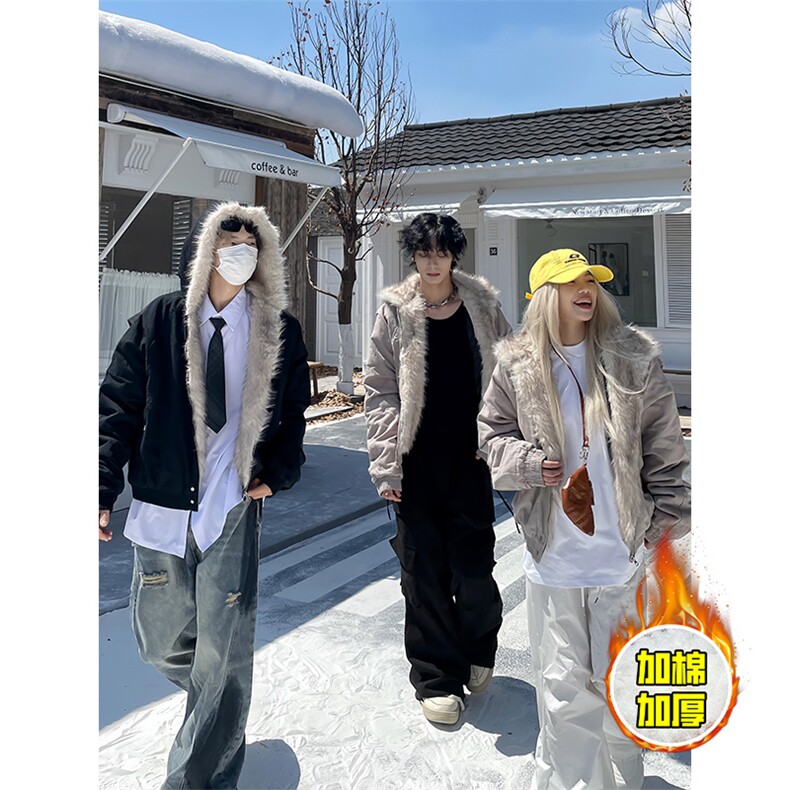 现货高品质美式高街冬季重磅硬挺短款座山雕毛领棉衣男女加厚外套,男装棉衣,电商A486