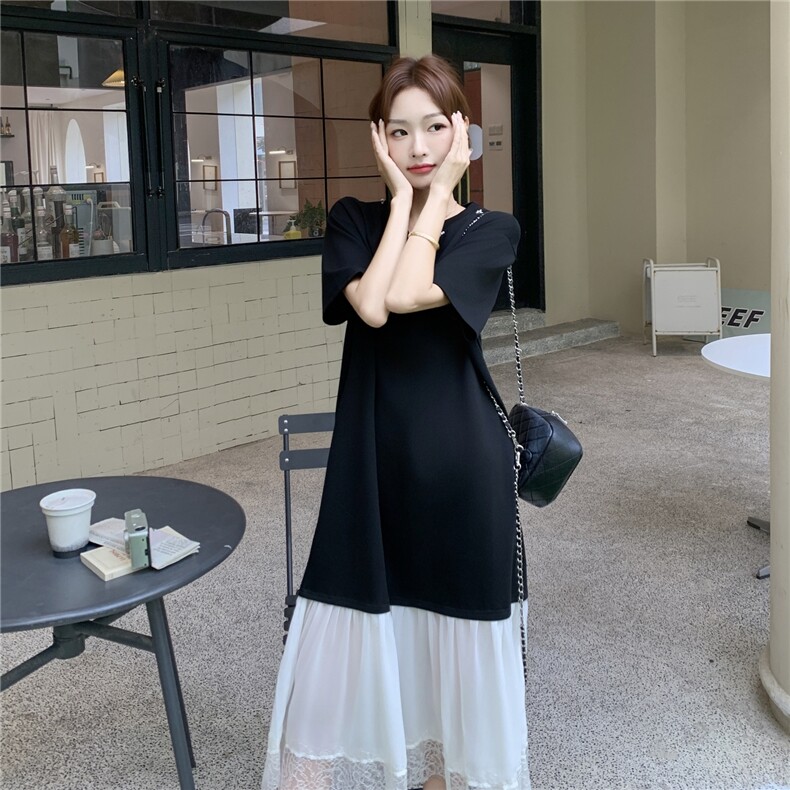 设计感通勤风蕾丝花边拼接连衣裙女夏季2025新款别致简约淡人长裙,女装连衣裙,秋水欣儿