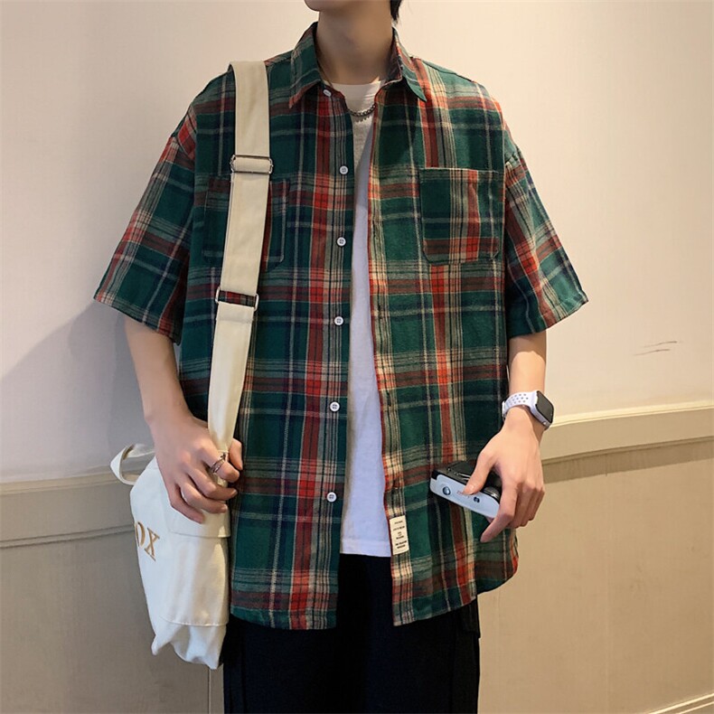 2026夏宽松潮男休闲五分袖衬衫半袖格子衬衣 C800/P35 绿色2图片