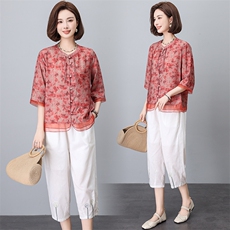 时尚套装女2024夏装新款气质印花拼接中袖衬衫休闲裤两件套，女装大码女装，奕阳依阁