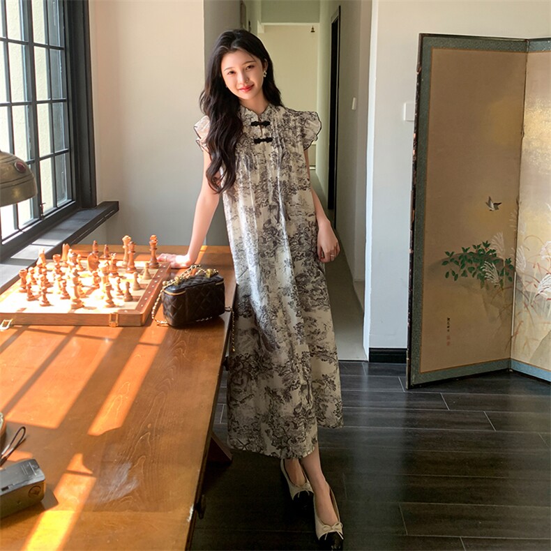 飞飞袖水墨画碎花连衣裙女夏新中式国风盘扣气质洋气时髦a字裙,女装连衣裙,2C105